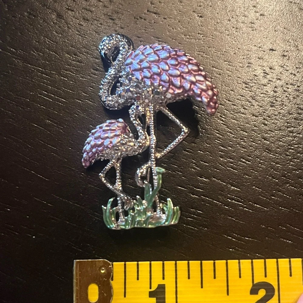 Vintage Style Pink and Silver Flamingo Enamel Brooch
